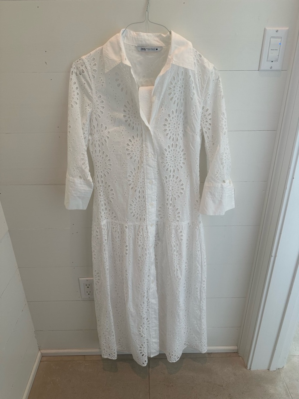 Zara White Eyelet Midi Shirt Dress